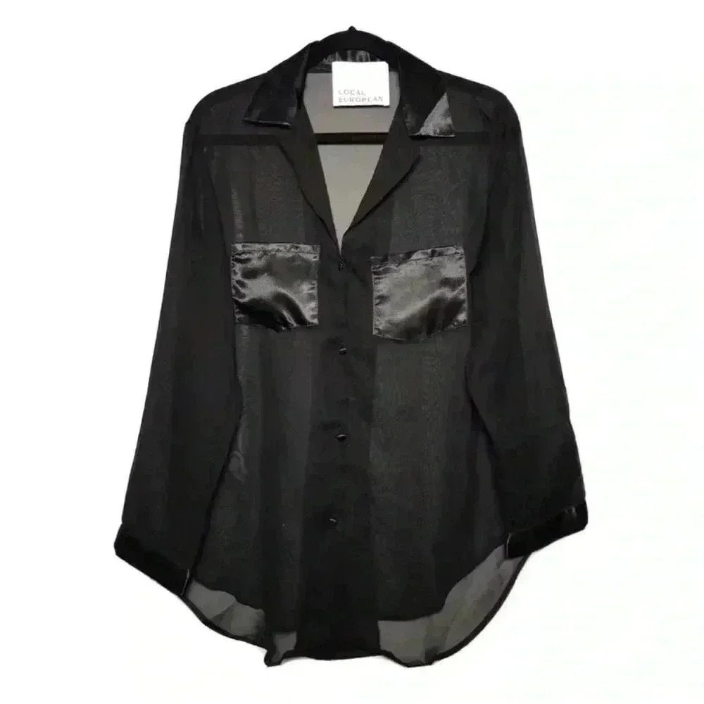 Local European Oversized Long Sleeve Sheer Button Down Blouse In Black Size S